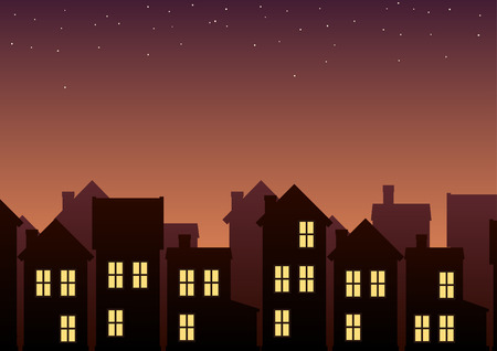 Town outline in twilight. Vector illustration of houses with evening sky in background.のイラスト素材