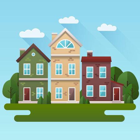 Summer scene illustration. Vector flat image with houses and trees in summer.のイラスト素材
