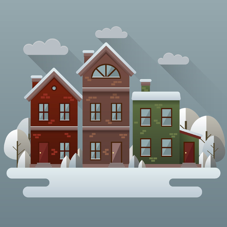 Winter scene illustration. Vector image with houses and trees in snow.のイラスト素材