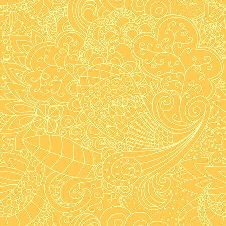 Seamless floral pattern. Background yellow and white contour vector texture with leaves and flowers.のイラスト素材