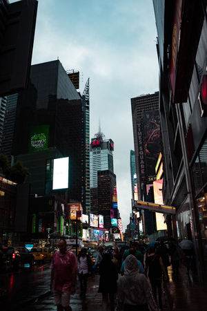 Times Square on rainy day, foggy outside.のeditorial素材
