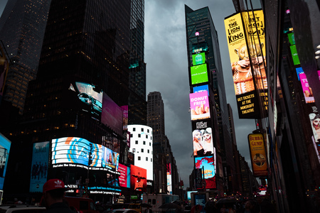 Times Square on rainy day, foggy outside.のeditorial素材