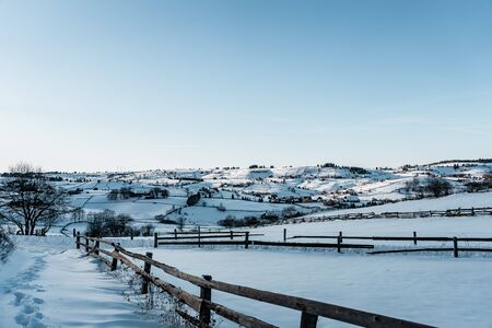 Winter season, landscape picture of a village covered by snow at sunset, country landscape with old timber fence , blue sky and frozen trees , cold temperatureの写真素材