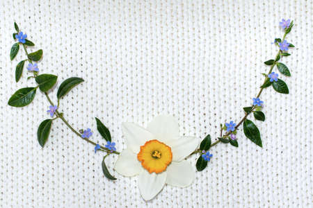 Green twigs, flowers large and small on a background of knitted fabric.