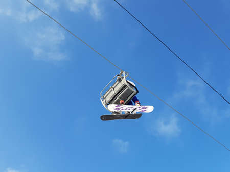 Climbing the mountain on the cable car. Bottom view.