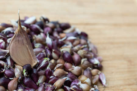 A slice of garlic are on a wooden board against the background of garlic seedsの写真素材