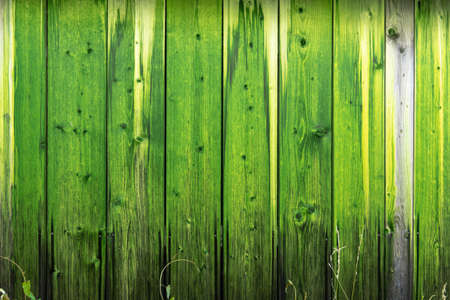 Wooden wall with a protective layer of green paintの写真素材