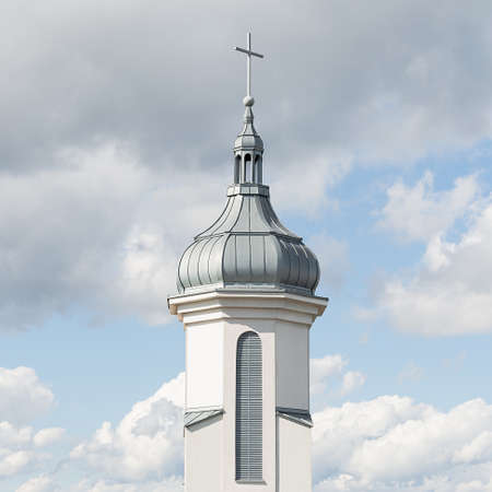 View of the dome and bell tower of a modern Catholic church against a blue sky with clouds. Concept architecture, easter, religionの写真素材