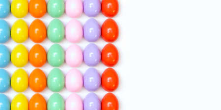 Top view of an Easter composition of painted eggs in bright juicy colors on a white background with a glossy texture that lie in even rows. Holiday concept, flat layout, background, advertisementの写真素材