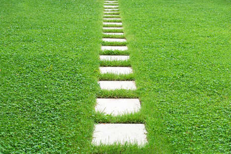 View of a footpath made of concrete square slabs against a green lawn. Concept background, texture, landscape designの写真素材