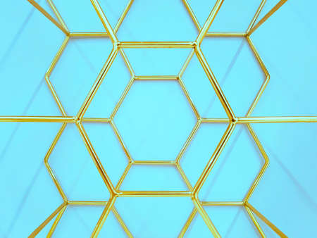 Geometric pattern of hexagons made of metal in gold color on a blue background. Concept background, abstractionの写真素材