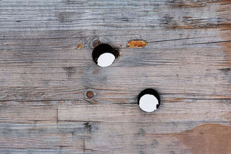 An old wooden board with cracks and scratches and randomly spaced round holes. Concept for texture, background, interiorの写真素材
