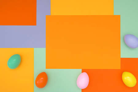 Bright background with a non-symmetrical geometric pattern in trendy colors with a composition of their Easter eggs. Concept background, holiday, easter, children's creativityの写真素材