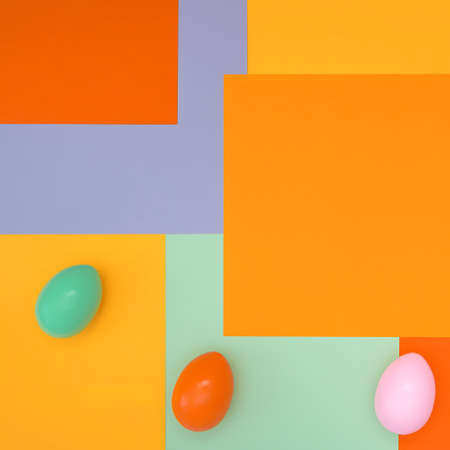 Bright background with a non-symmetrical geometric pattern in trendy colors with a composition of their Easter eggs. Concept background, holiday, easter, children's creativityの写真素材
