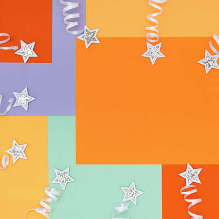 Bright background with a non-symmetrical geometric pattern in trendy colors with a composition of confetti and shiny white stars. Concept background, holidayの写真素材