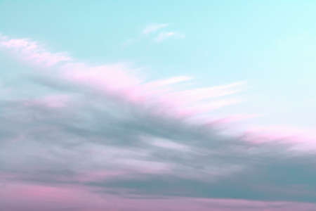Blue sky with white and pink clouds that form a feather pattern. Concept landscape, abstraction.の写真素材