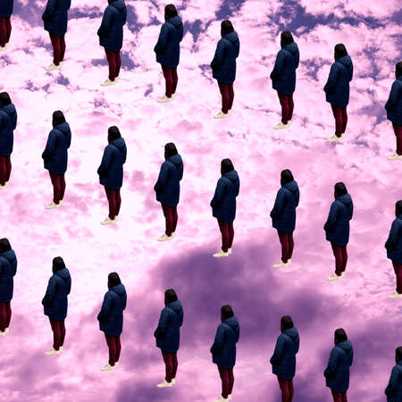 Contemporary art collage. People stand in a long line at a safe distance. Concept people, social distance, safety.の写真素材