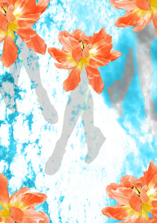 Contemporary art collage. Female legs in colors against the sky. The concept of fashion, vacation, wallpaper.の写真素材