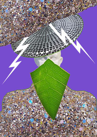 Collage of modern art. A man in armor protects himself from lightning and the environment. The concept of a pandemic, protection, insurance, people.の写真素材