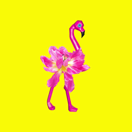 Contemporary collage. Pink flamingo with a flower on a yellow background. Concept abstraction, art, fashionの写真素材