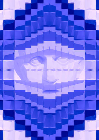 Modern collage. The head of the sculpture of a man is visible through a small hole in a solid wall of blue ceramic tiles. The concept of isolation, abstraction, artの写真素材