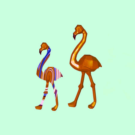 Contemporary collage. Loving couple of pink flamingos in gold color on a turquoise background. Concept abstraction, valentines day, familyの写真素材