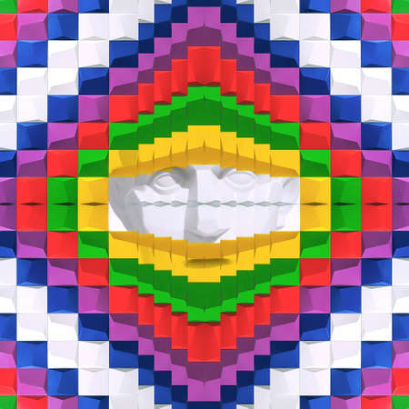 Modern collage. The head of the sculpture of a man is visible through a small hole in a solid wall of bright ceramic tiles. The concept of isolation, pandemicの写真素材