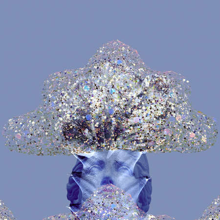 ontemporary collage. The image of a sculpture of a woman on a cactus over whose head hangs a cloud of debris. The concept of abstraction, art, ecology.の写真素材