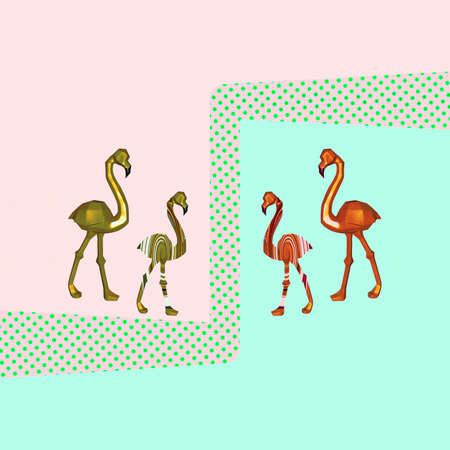 Contemporary collage. A group of pink flamingos in gold color on a colorful background in pastel colors. The concept of abstraction, society, relationshipsの写真素材