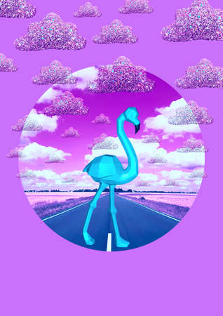 Contemporary collage. Pink flamingo of blue color crosses the road against the sky with clouds. The concept of abstraction, ecology, freedomの写真素材