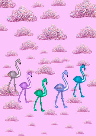 Contemporary collage. A flock of pink flamingos of different colors on a pink background with clouds. The concept of abstraction, art, freedomの写真素材