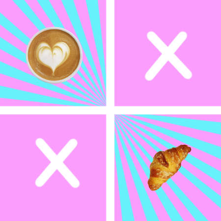 Contemporary collage. A cup of coffee and a croissant on a bright pink background with blue rays for playing tic tac toeの写真素材