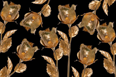 Contemporary collage. Gold colored metal roses on a black background.