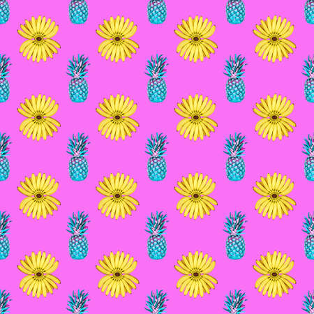 Seamless pattern of a bunch of yellow bananas and pineapples on a pink background. The concept of...