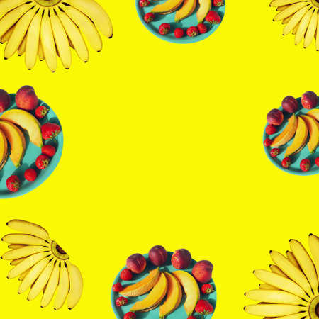 Contemporary collage. Top view on bananas and a plate with melon, peaches and strawberries on a yellow background. The concept of food, summerの写真素材