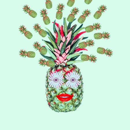 Contemporary collage. Green pineapple in the form of a human face with a smile and eyes from bananas. Summer concept, people, abstractionの写真素材