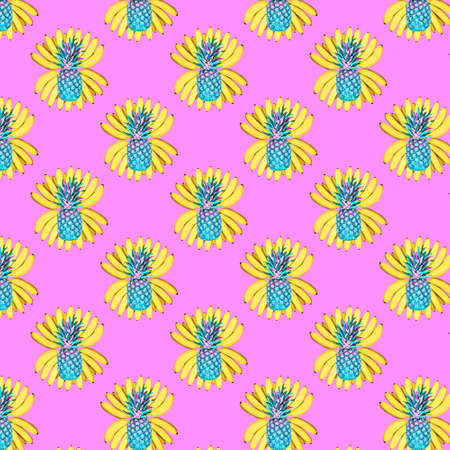 Seamless pattern of a bunch of yellow bananas and pineapples on a pink background. The concept of food, summerの写真素材