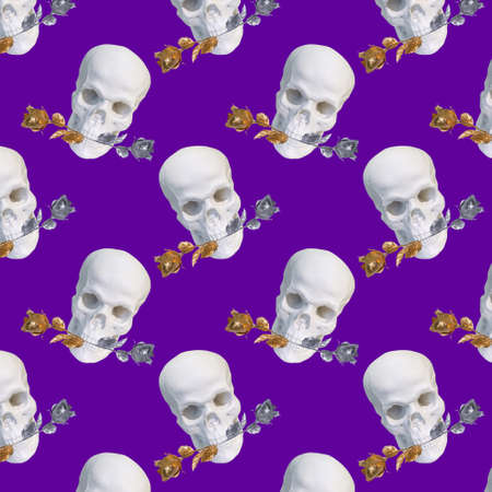 Contemporary collage. Seamless pattern with white skull with roses in teeth on a purple backgroundの写真素材