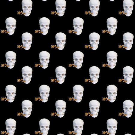 Contemporary collage. Seamless pattern of white skulls with a golden rose in teeth on a black backgroundの写真素材