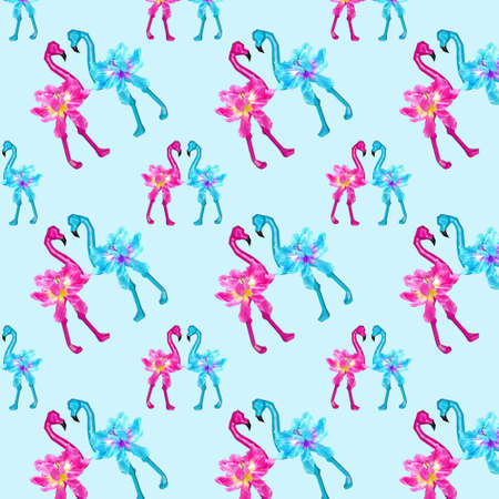 Seamless pattern of pink and blue flamingos on a blue background. The concept of love, holiday, animalsの写真素材