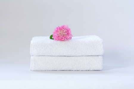 Two white neatly folded terry towels with a rose flower on a light backgroundの写真素材