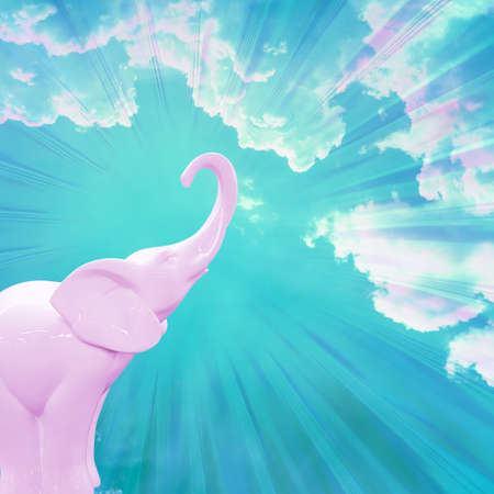 Contemporary collage. A pink elephant stands against a blue sky with white clouds and sunbeams.の写真素材