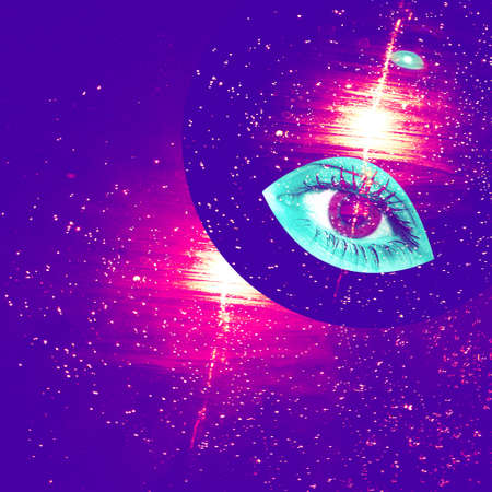 Contemporary collage. Turquoise eye on a cosmic background in neon colors.の写真素材