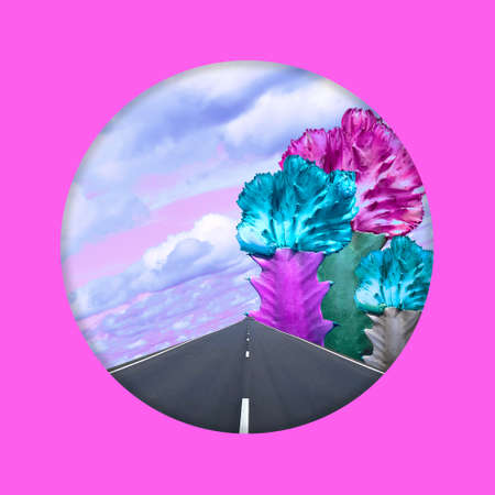 Contemporary collage. Colorful cacti on the background of the road and sky with cumulus clouds in a pink frame. Landscape concept, abstraction, art, travelの写真素材
