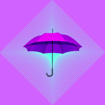 Contemporary collage. Purple cane umbrella on a purple background with sunbeams. Autumn concept, protection, monochromeの写真素材