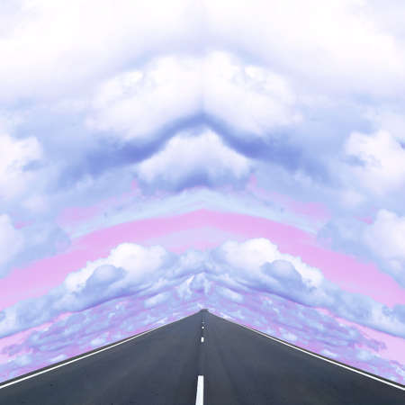 Contemporary collage. An empty road without people stretching into the distance against the...