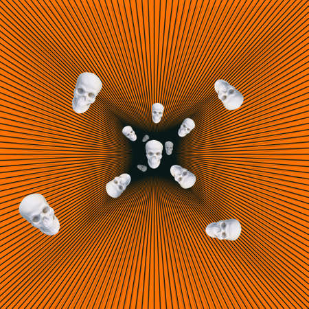 Contemporary collage. A skull head sculpture flies into a black hole. Death holiday concept, halloween.の写真素材