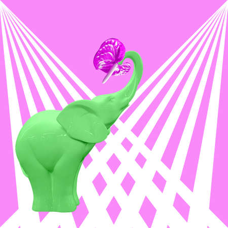 Contemporary collage. An elephant of green color with a pink flower in its trunk on a pink background with white stripes. The concept of animals, holiday, love.の写真素材