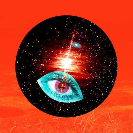 Contemporary collage. A turquoise eye on a cosmic black background with a red glow.の写真素材