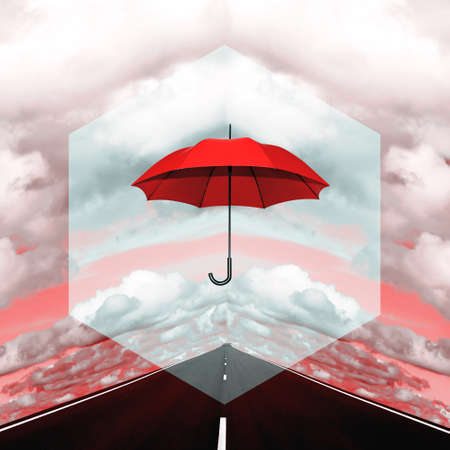 Contemporary collage. Umbrella walking stick of purple color in a hexagon against the background of the sky with clouds and the road. Autumn concept, protection.の写真素材